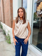Taupe Satin Draped Wrap Blouse