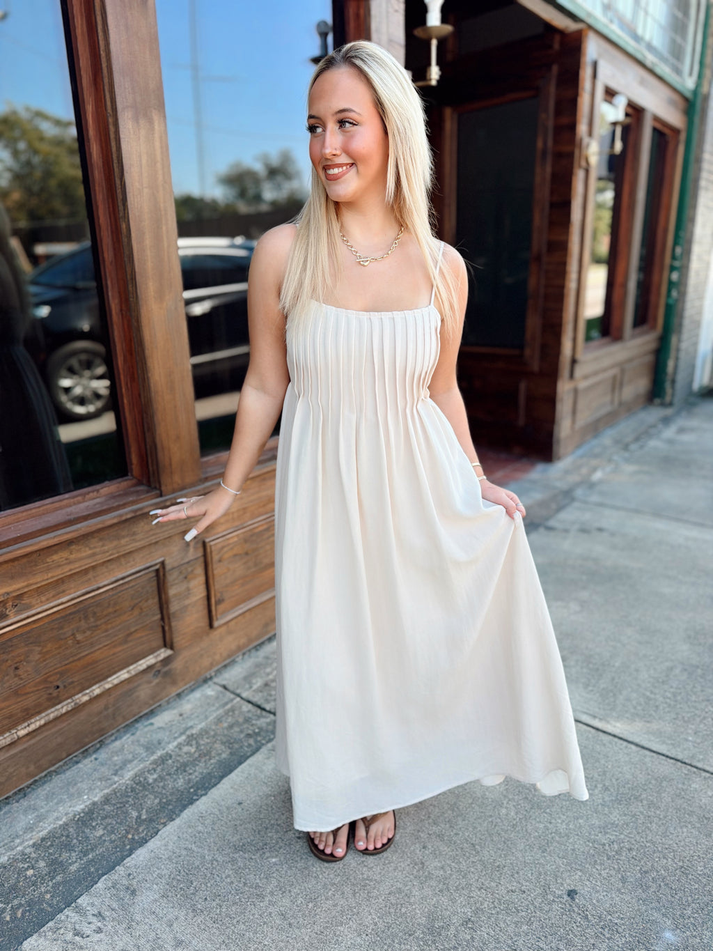 Khaki Pintuck Detail Midi Dress
