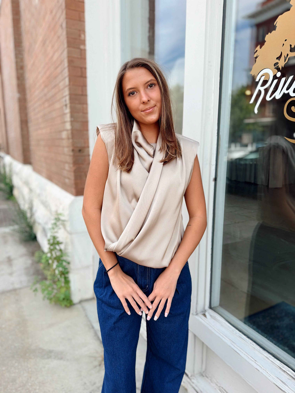 Taupe Satin Draped Wrap Blouse