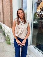 Taupe Satin Draped Wrap Blouse