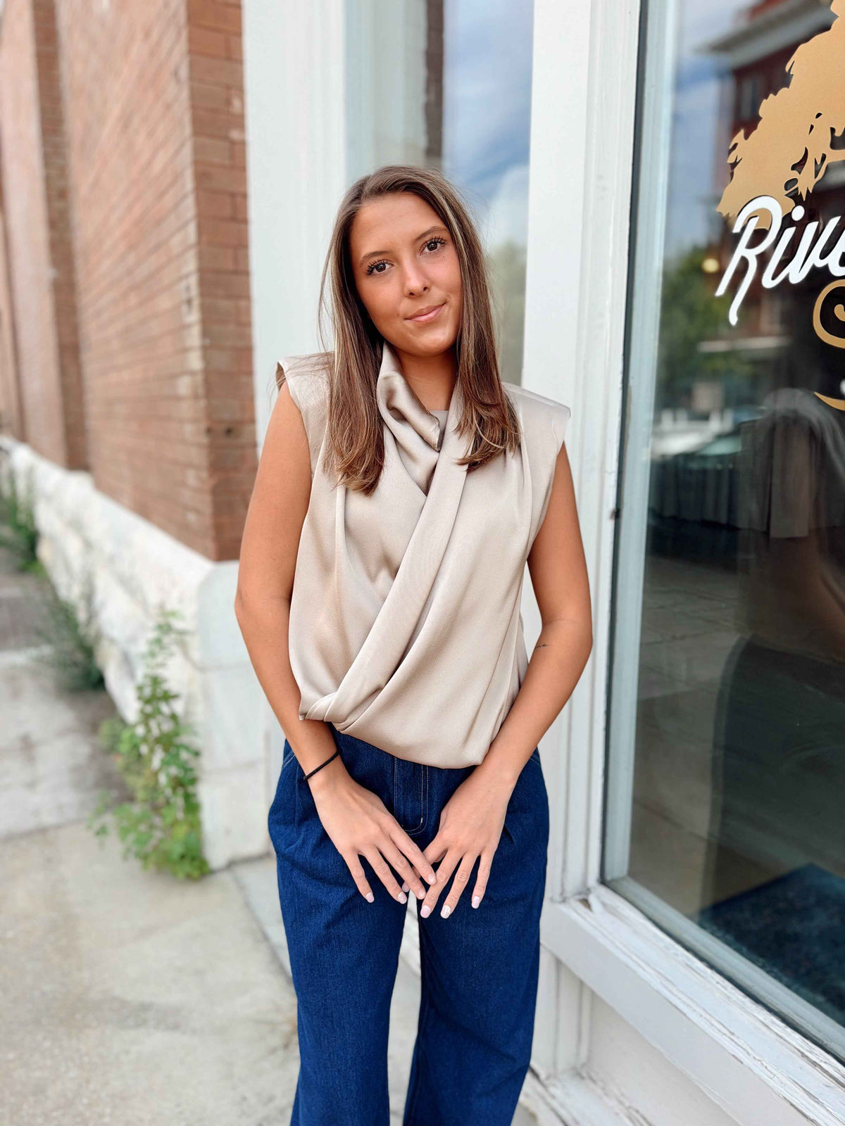 Taupe Satin Draped Wrap Blouse
