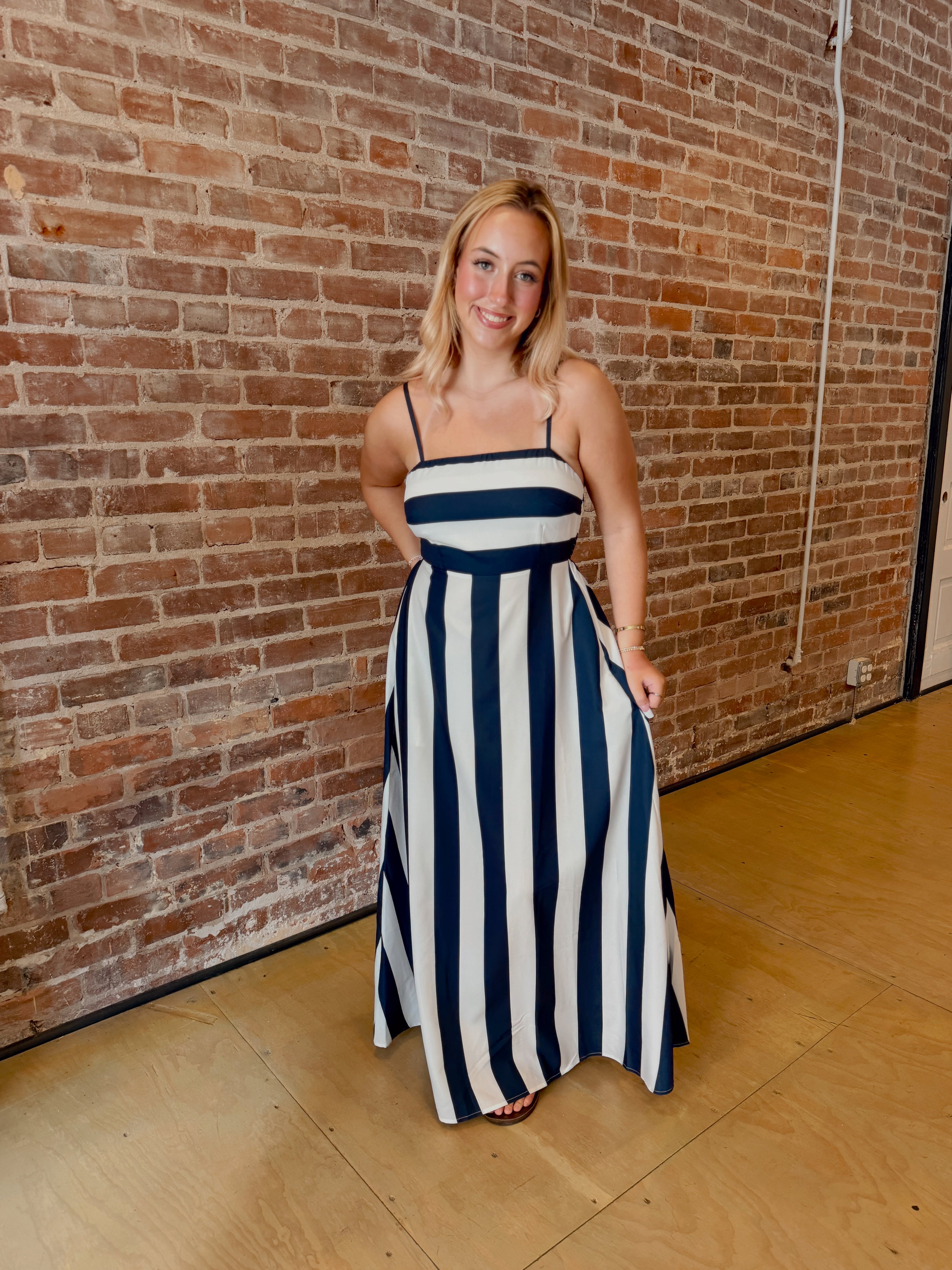 White & Navy Striped Maxi