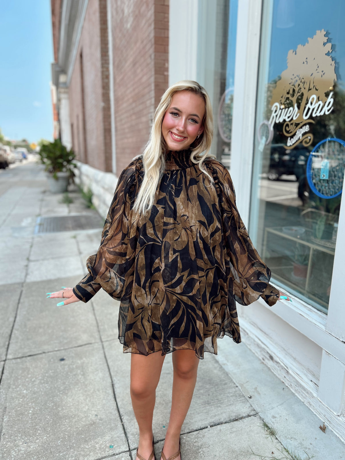 Black/Brown Floral High Neck Dress