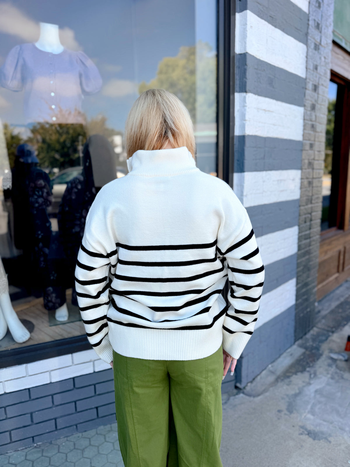 Cream & Black Striped Mock Neck