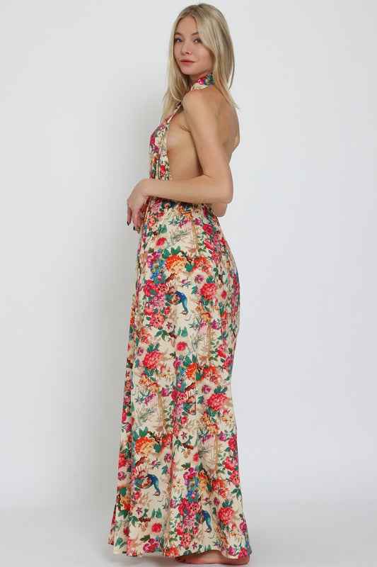 Vibrant Floral Backless Maxi Dress