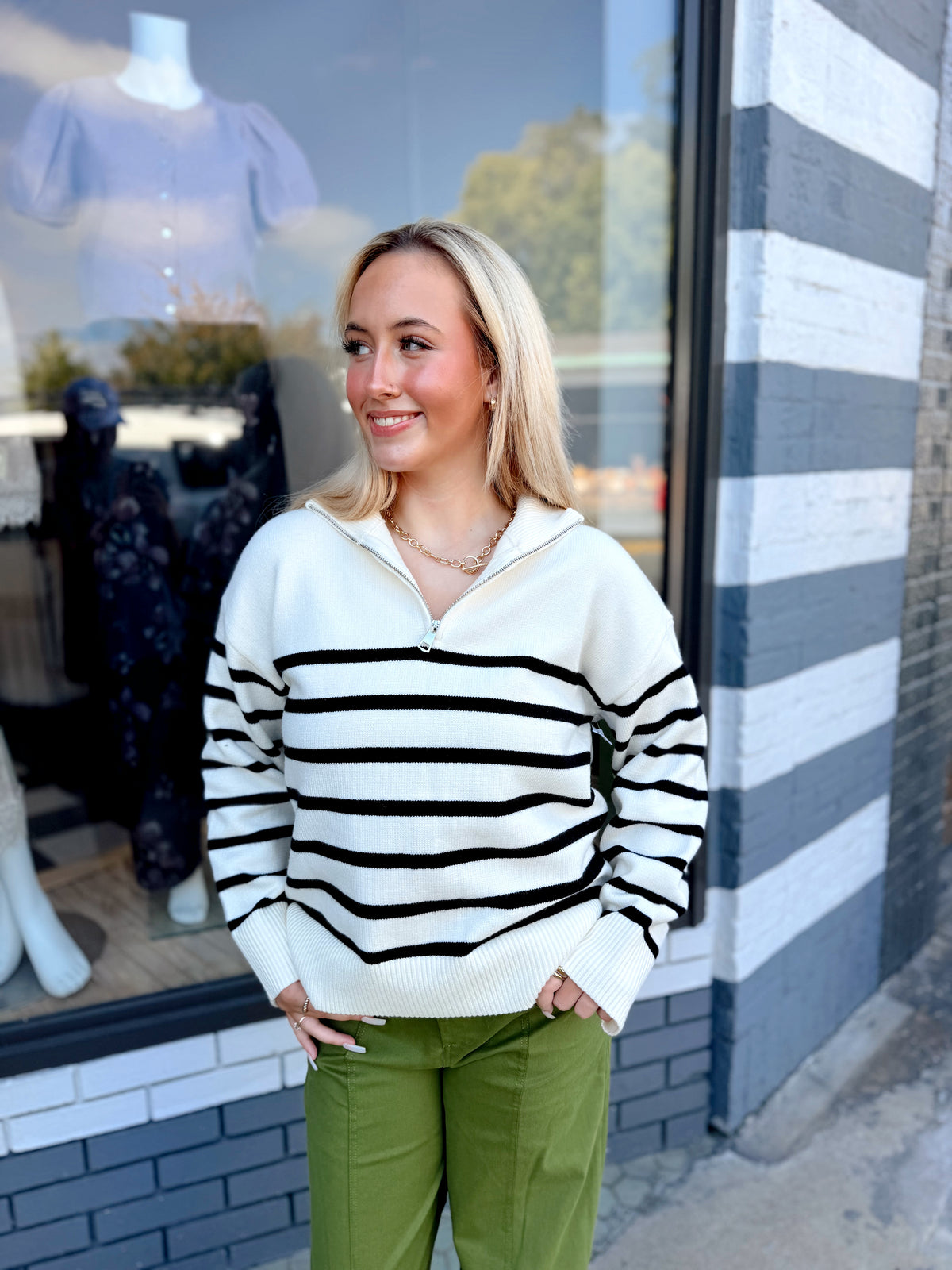 Cream & Black Striped Mock Neck