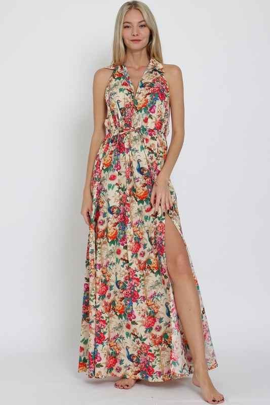 Vibrant Floral Backless Maxi Dress