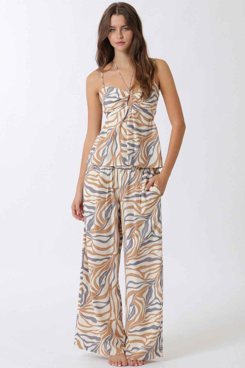 Abstract Print Cami Top- Ivory/Eggplant/Khaki