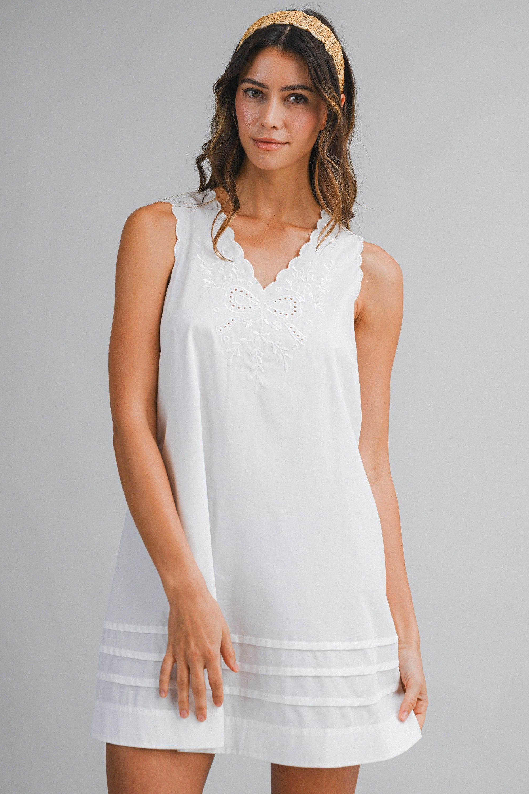 Embroidered Sleeveless Scallop V-neck Mini Dress