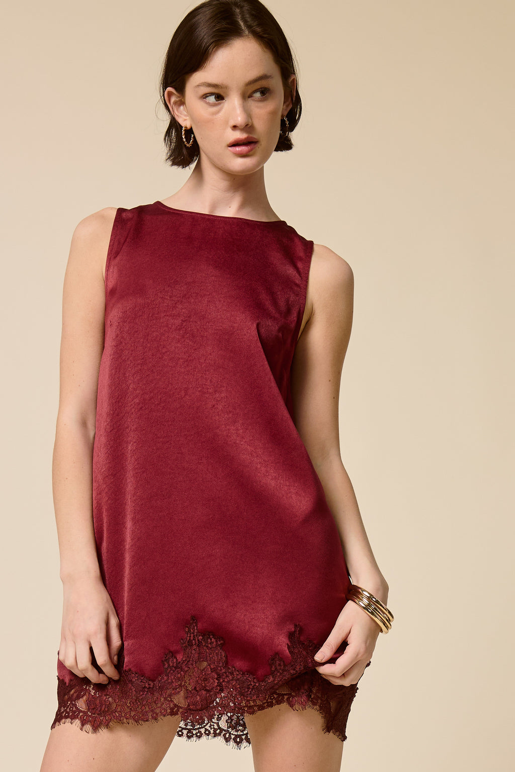 Merlot Silk Lace Trim Dress