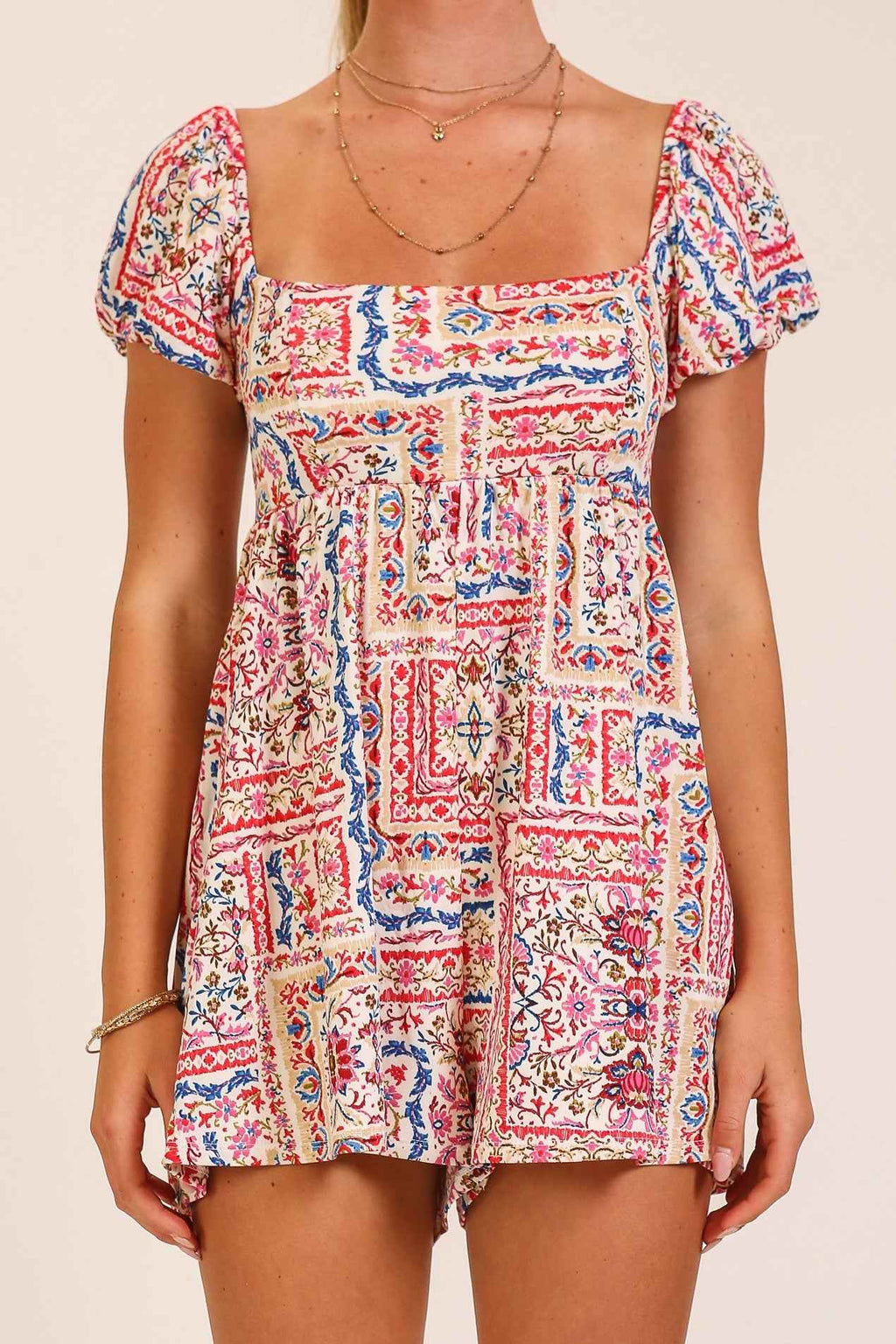 Boho Patchwork Print Smocked Romper