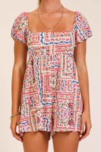 Boho Patchwork Print Smocked Romper
