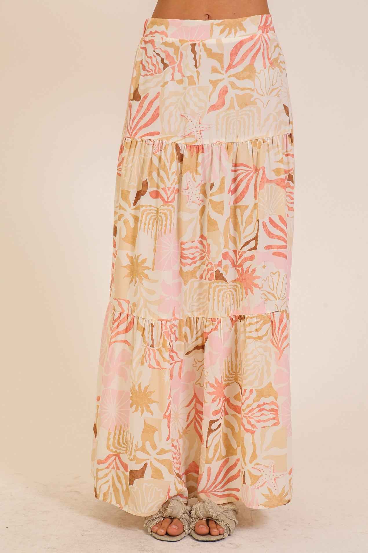 Tropical Print Tiered Maxi Skirt