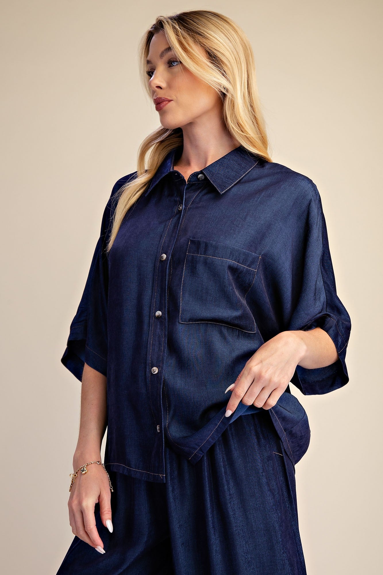 Button Down Flowy Top- Indigo