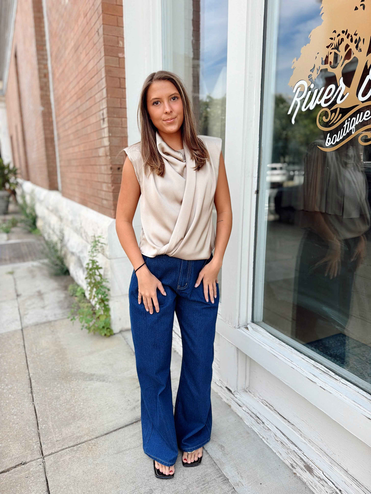Taupe Satin Draped Wrap Blouse