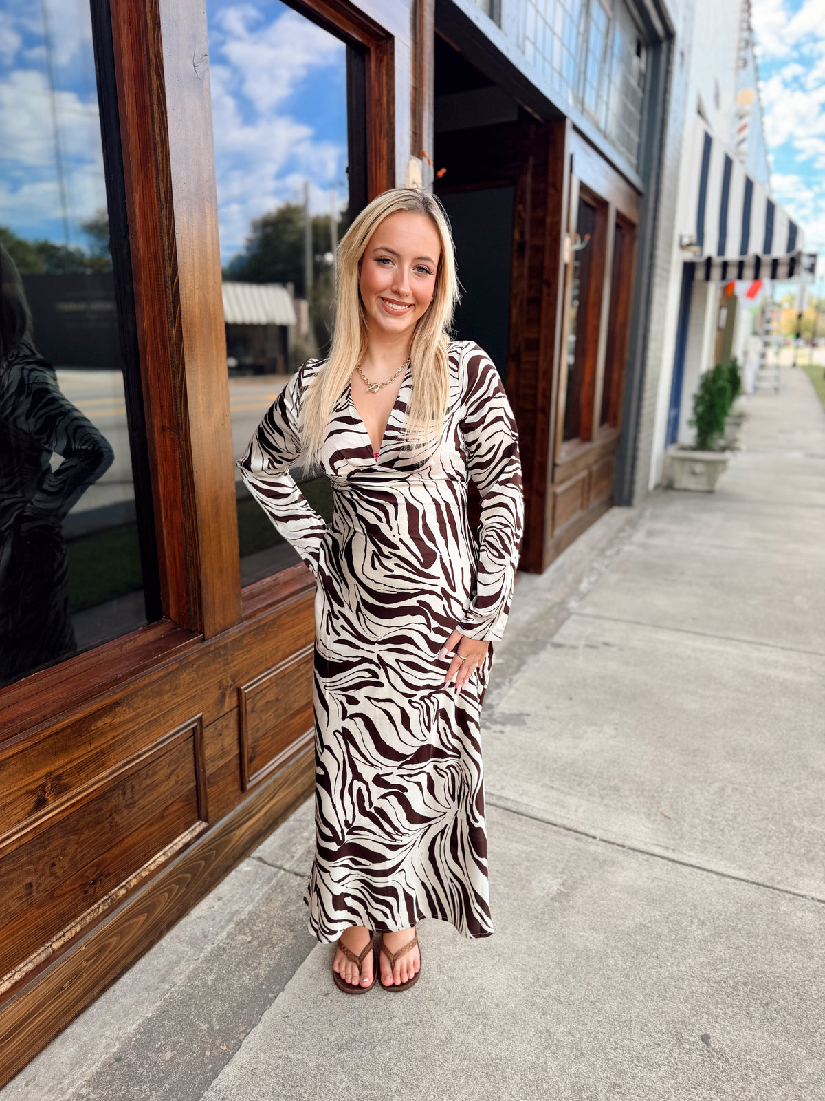 Zebra Print Deep V-neck Maxi Dress