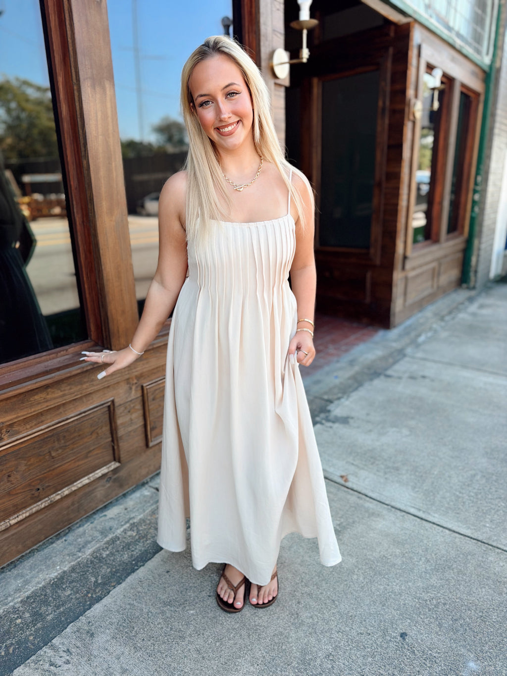 Khaki Pintuck Detail Midi Dress