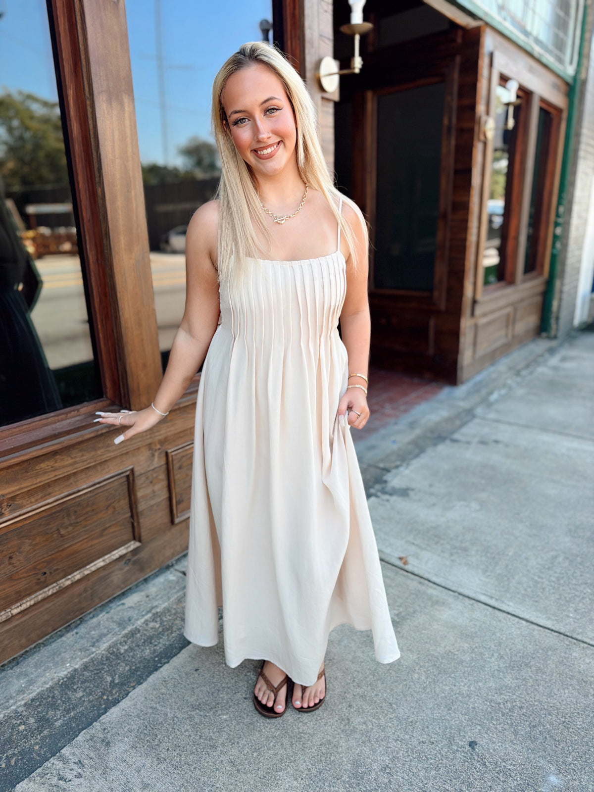 Khaki Pintuck Detail Midi Dress