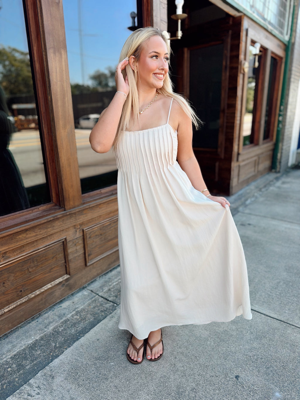 Khaki Pintuck Detail Midi Dress