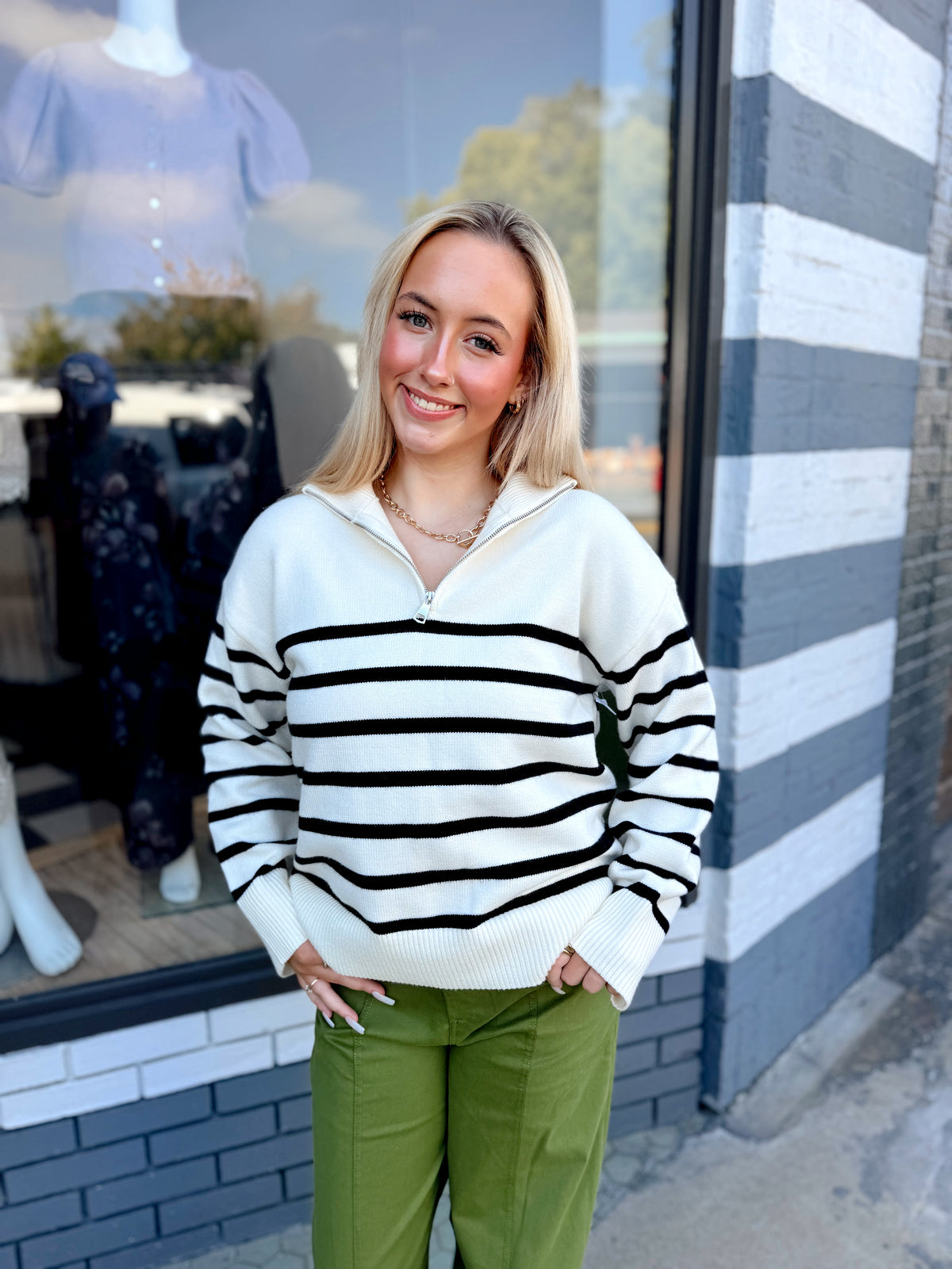 Cream & Black Striped Mock Neck