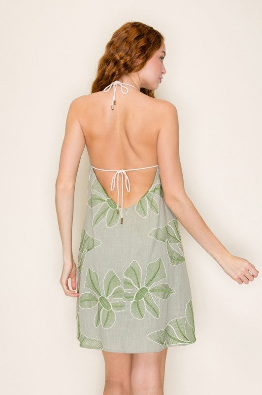 Tiana High Neckline Linen Jacquard Dress