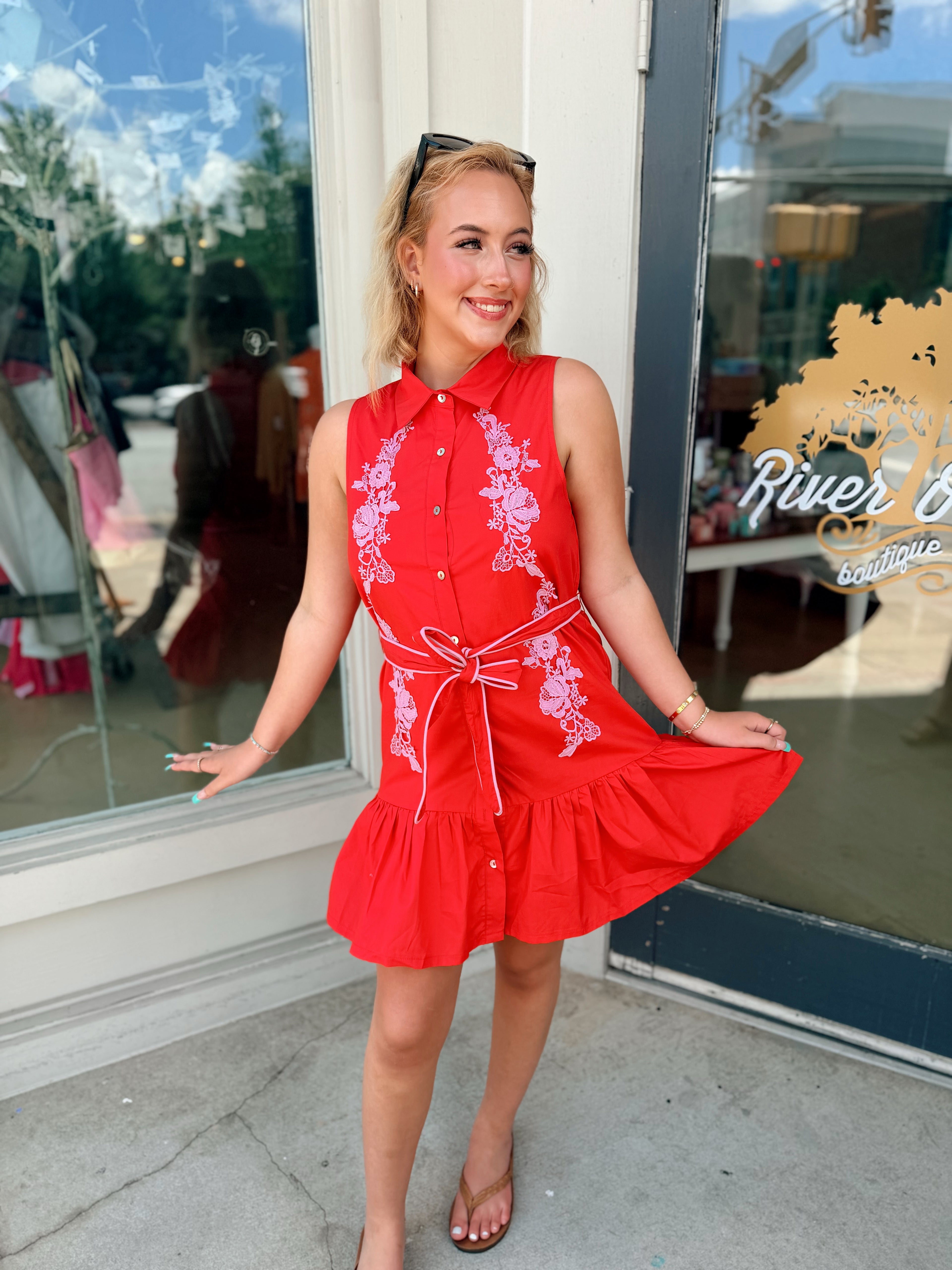 Flora Embroidery Collared Sleeveless Mini Dress
