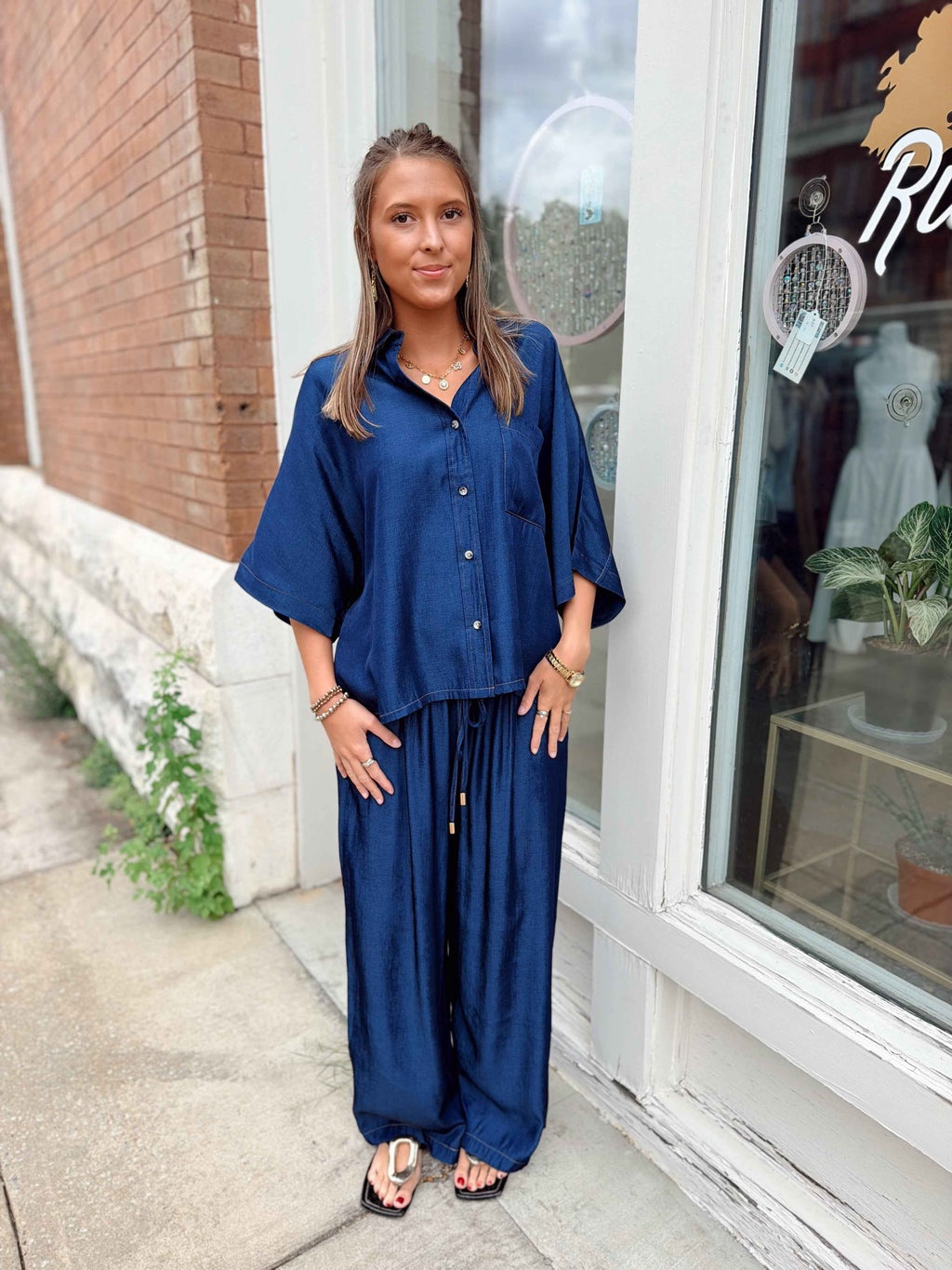 Drawstring Wide Leg Pants- Indigo