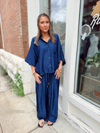 Drawstring Wide Leg Pants- Indigo