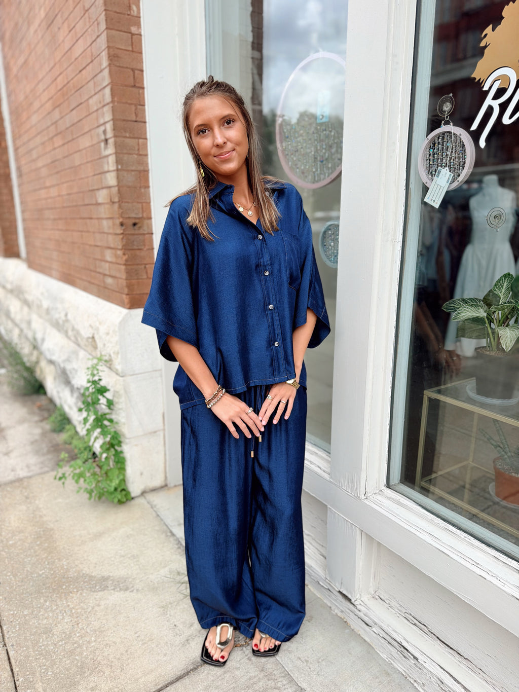 Drawstring Wide Leg Pants- Indigo