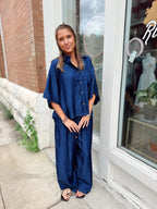 Drawstring Wide Leg Pants- Indigo