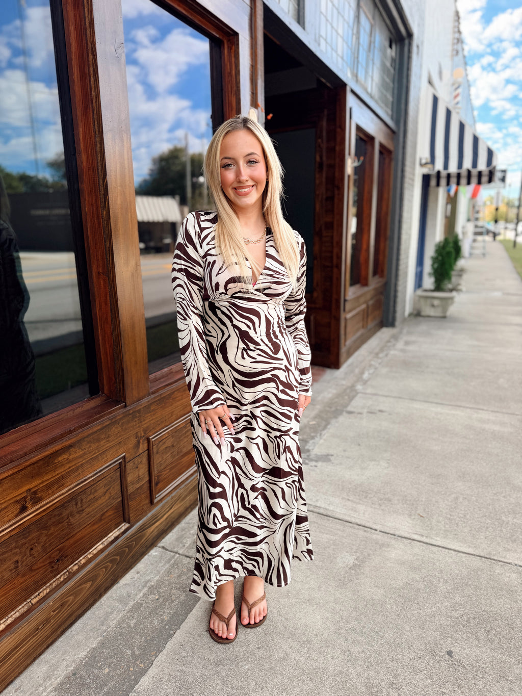 Zebra Print Deep V-neck Maxi Dress