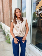Taupe Satin Draped Wrap Blouse