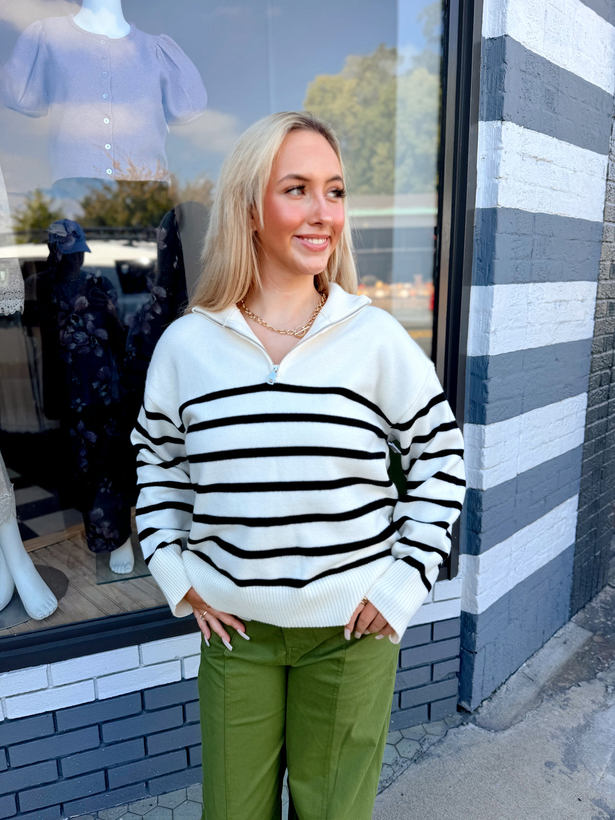 Cream & Black Striped Mock Neck