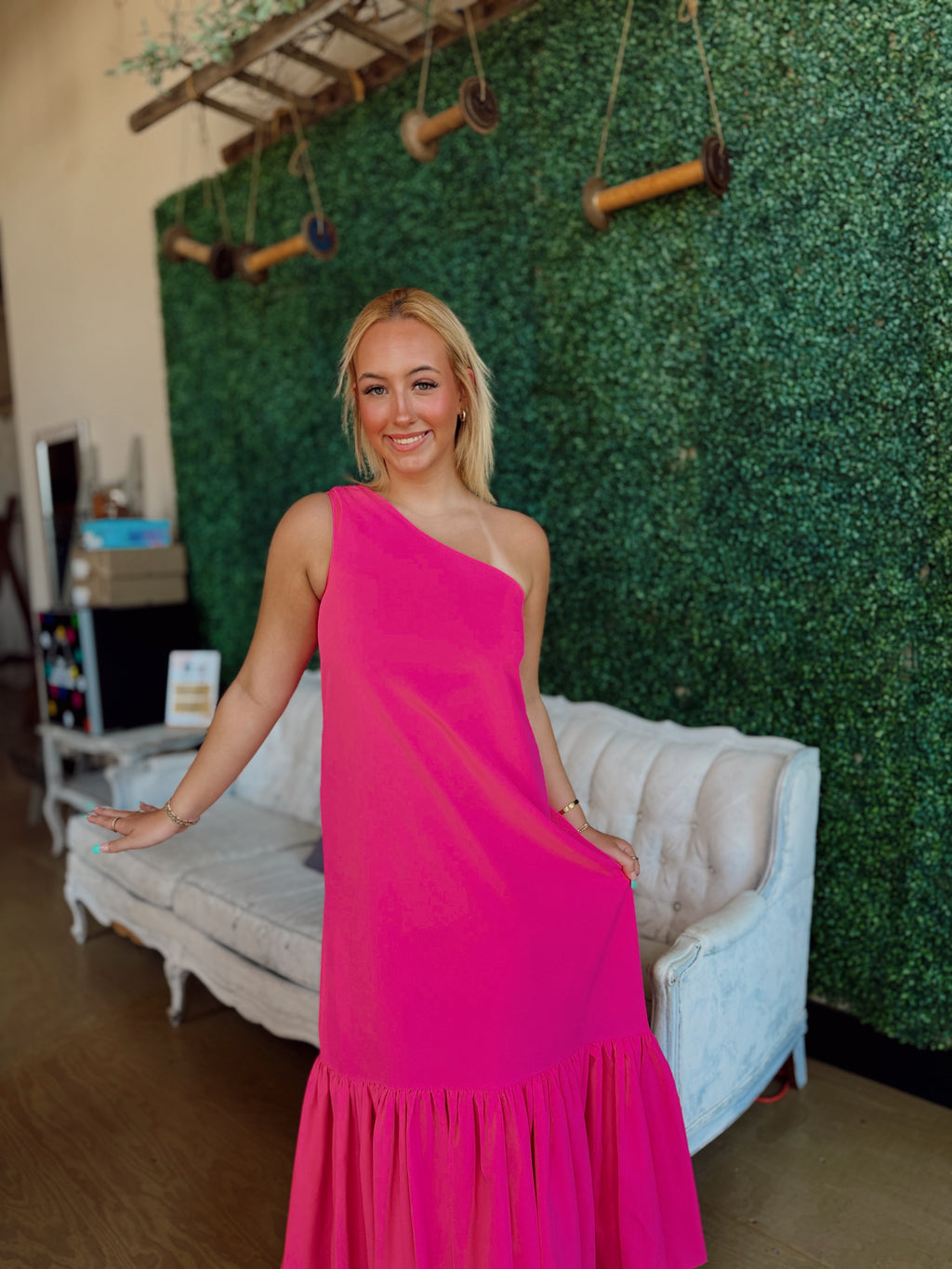 Asymmetrical One Shoulder Maxi- Pink