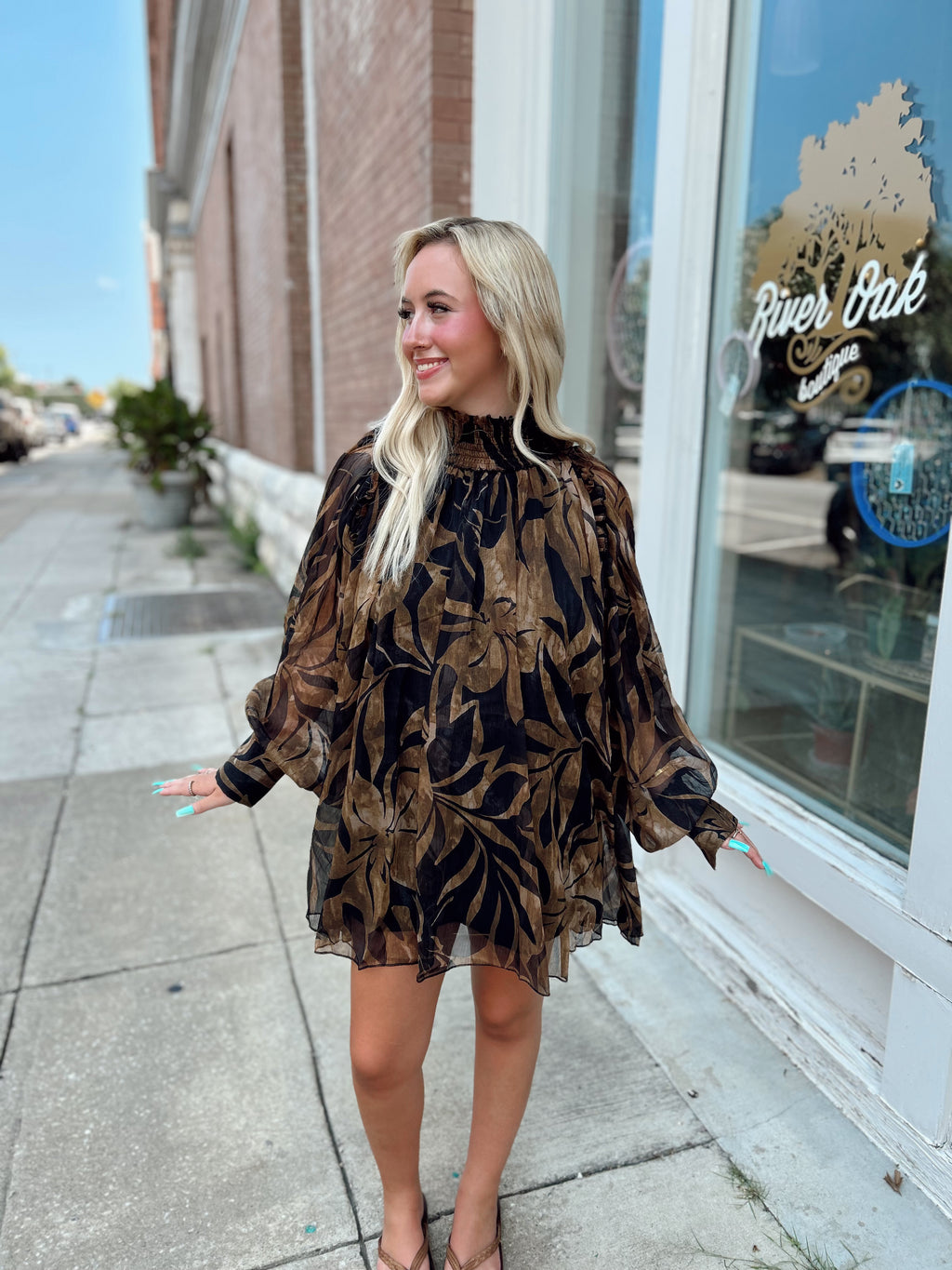 Black/Brown Floral High Neck Dress