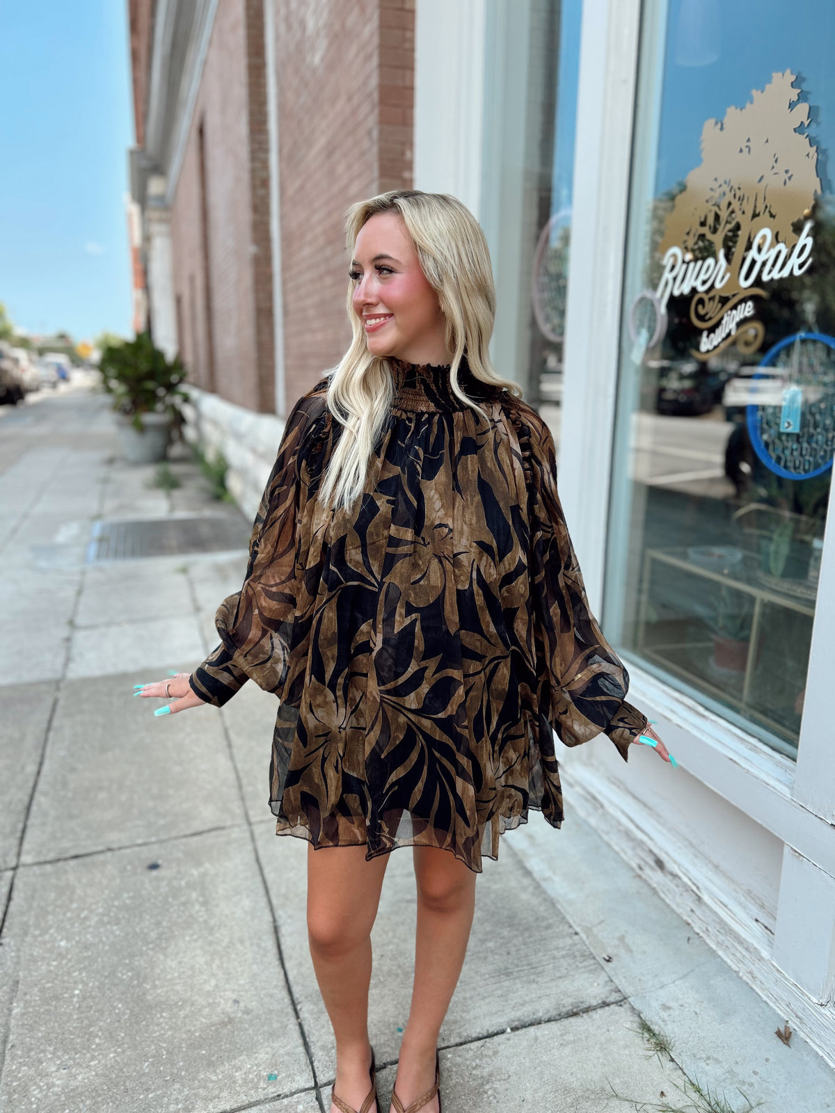 Black/Brown Floral High Neck Dress