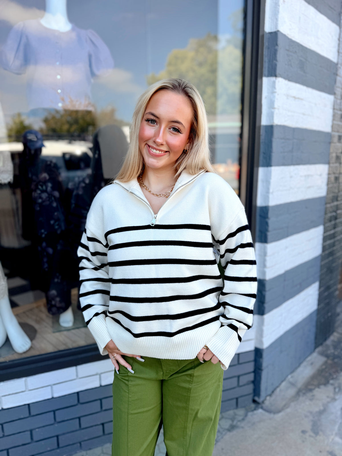 Cream & Black Striped Mock Neck