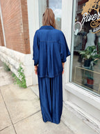 Drawstring Wide Leg Pants- Indigo
