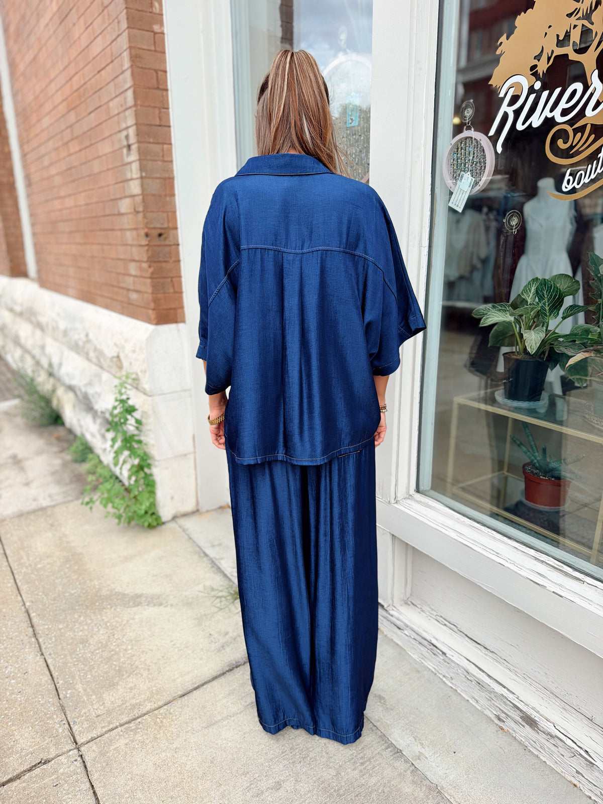 Drawstring Wide Leg Pants- Indigo
