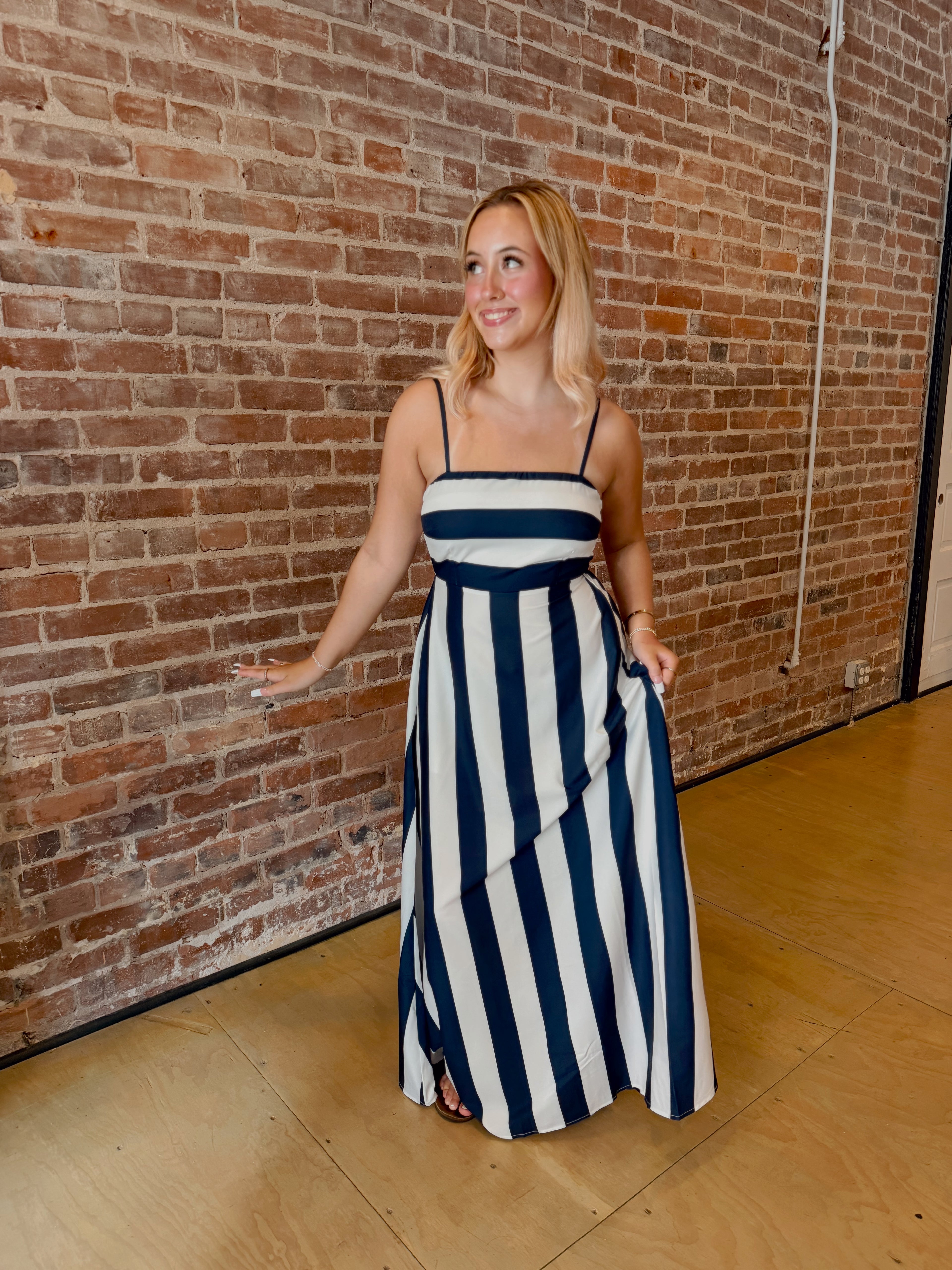 White & Navy Striped Maxi