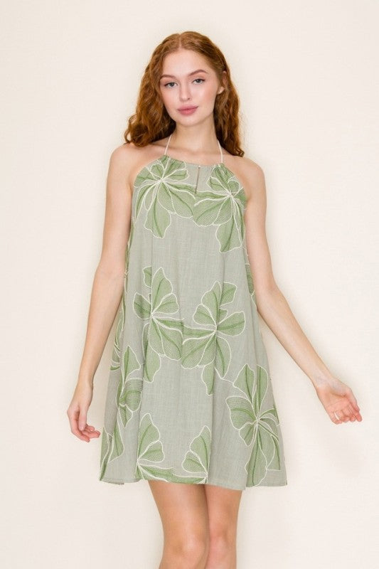 Tiana High Neckline Linen Jacquard Dress
