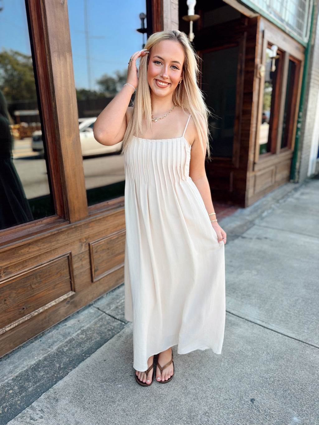 Khaki Pintuck Detail Midi Dress