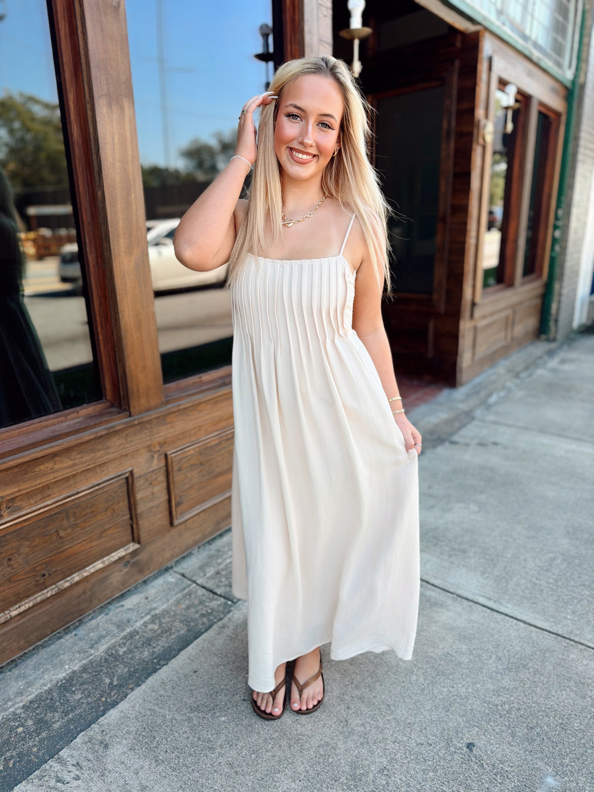 Khaki Pintuck Detail Midi Dress