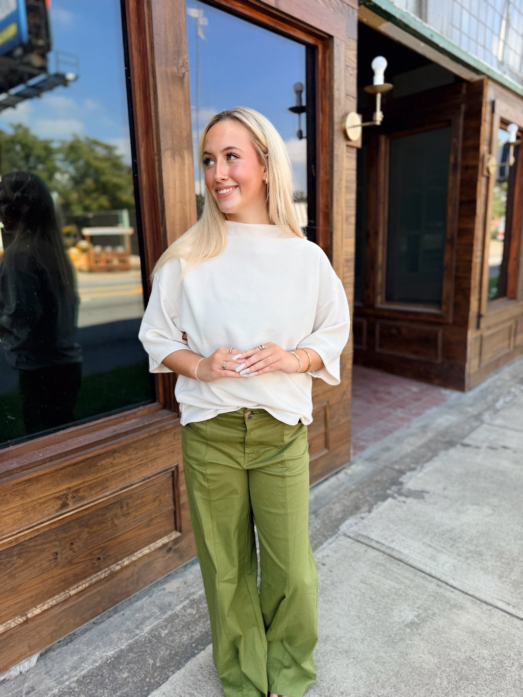 Mock Turtleneck Short Sleeve Pullover Top- Ivory