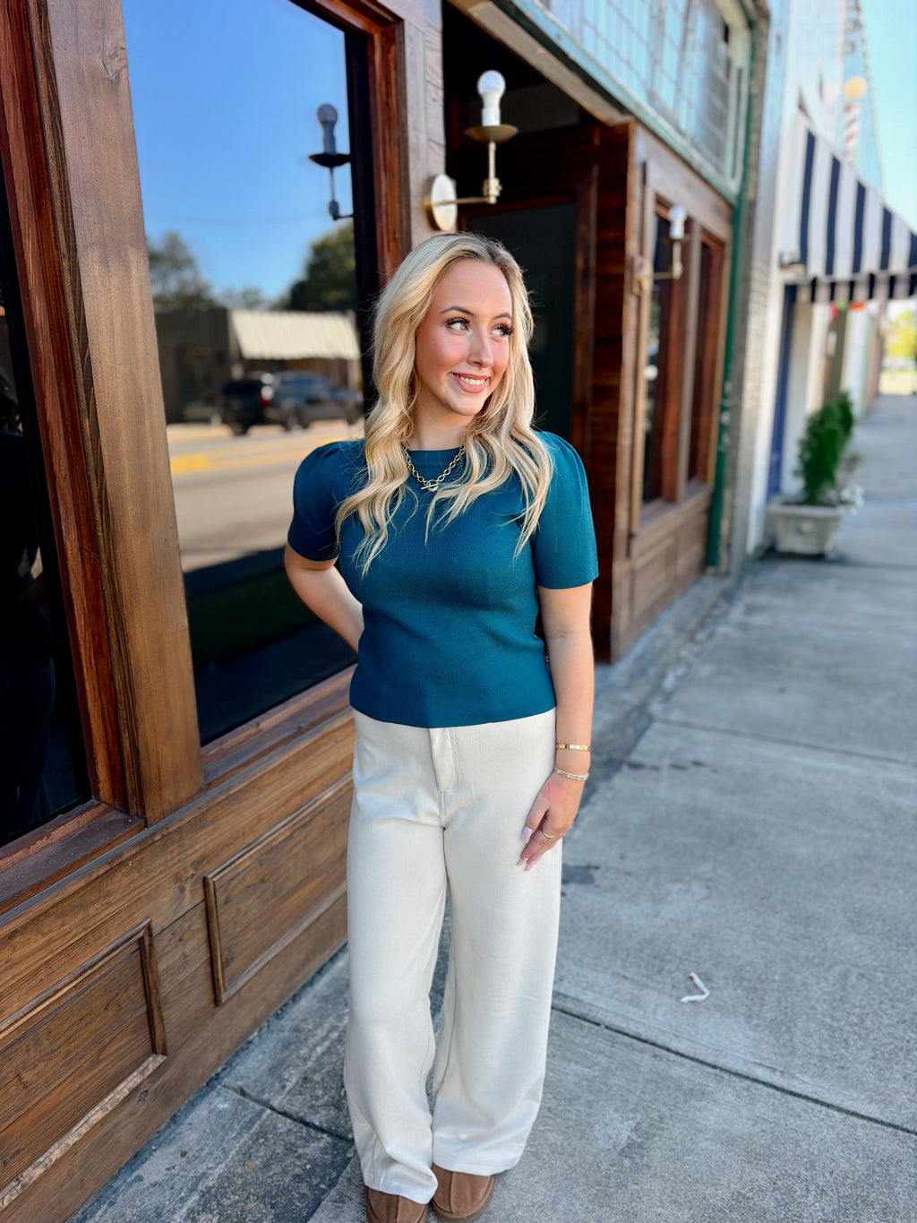 Teal Puff Sleeve Pullover Knit Top
