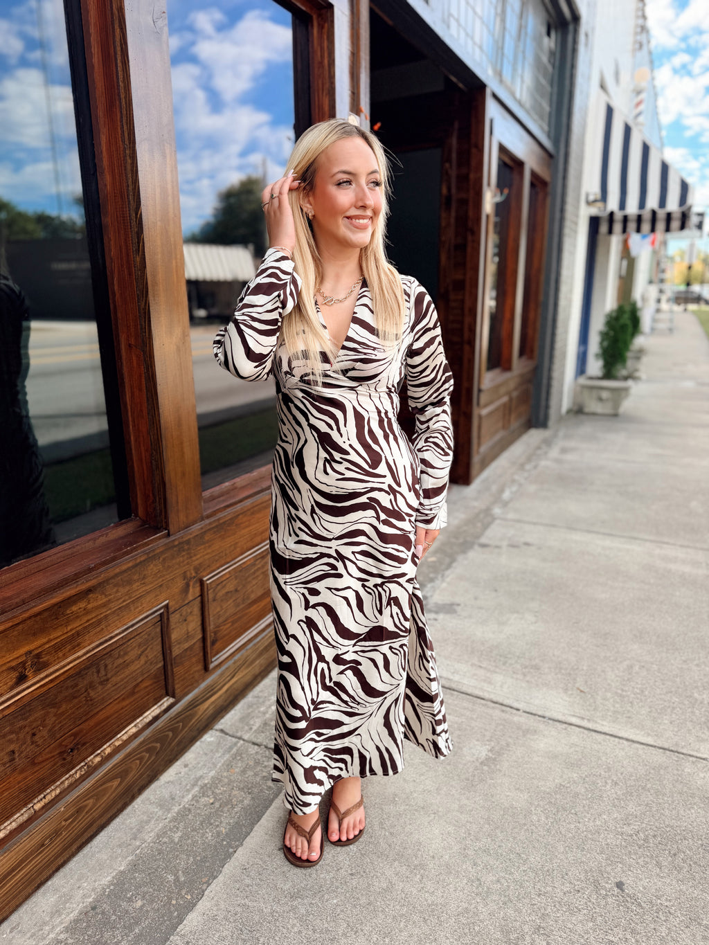 Zebra Print Deep V-neck Maxi Dress