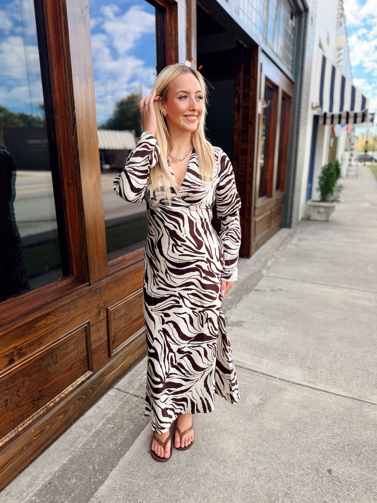Zebra Print Deep V-neck Maxi Dress
