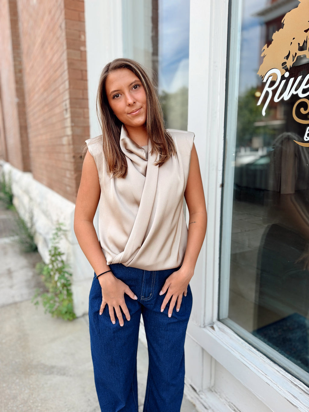 Taupe Satin Draped Wrap Blouse