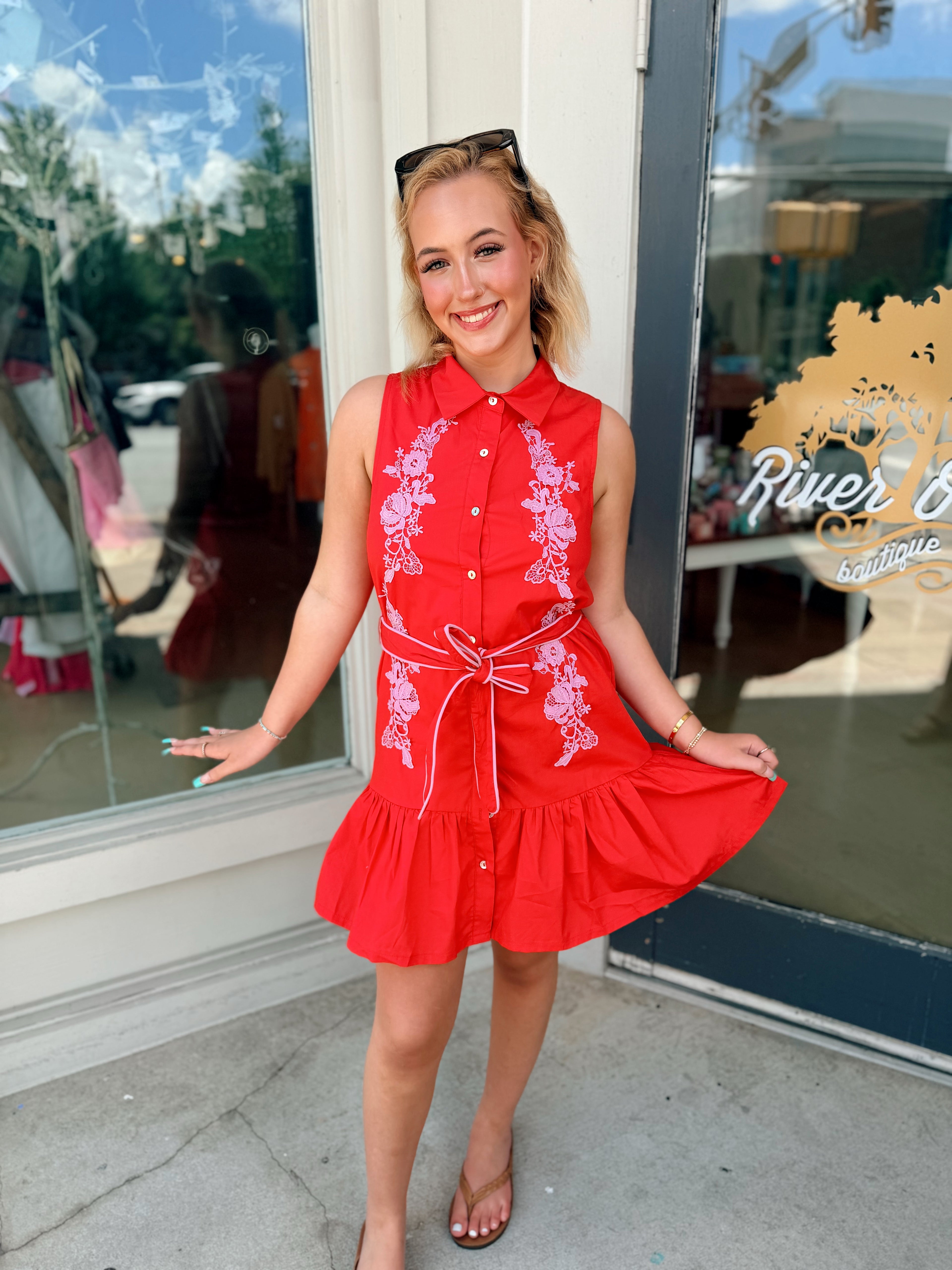 Flora Embroidery Collared Sleeveless Mini Dress