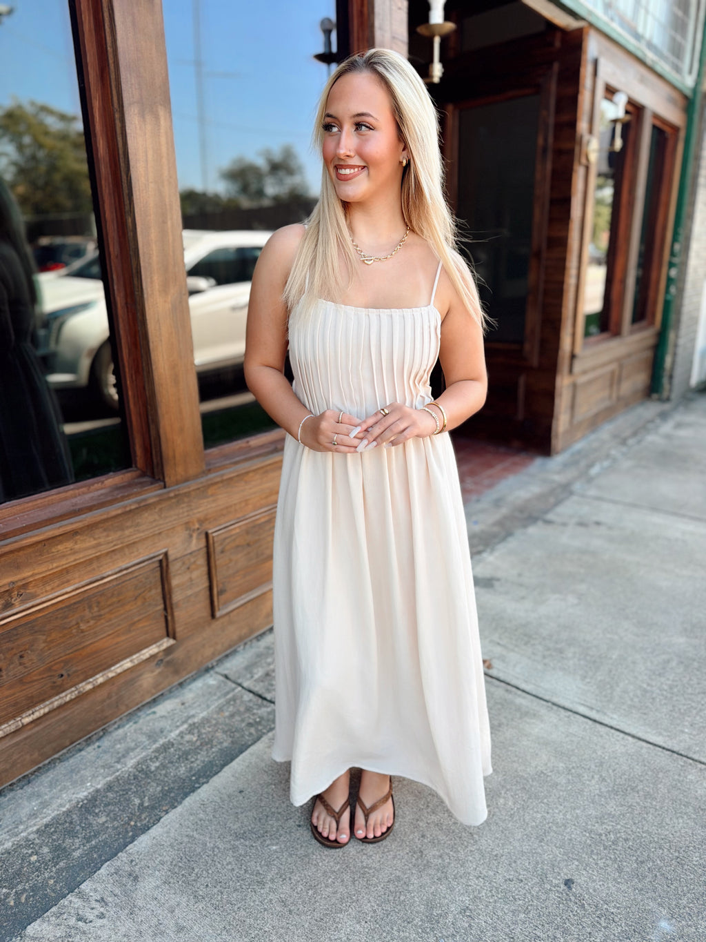 Khaki Pintuck Detail Midi Dress